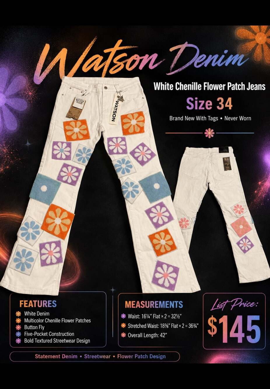 Watson Denim White Chenille Flower Patch Jeans